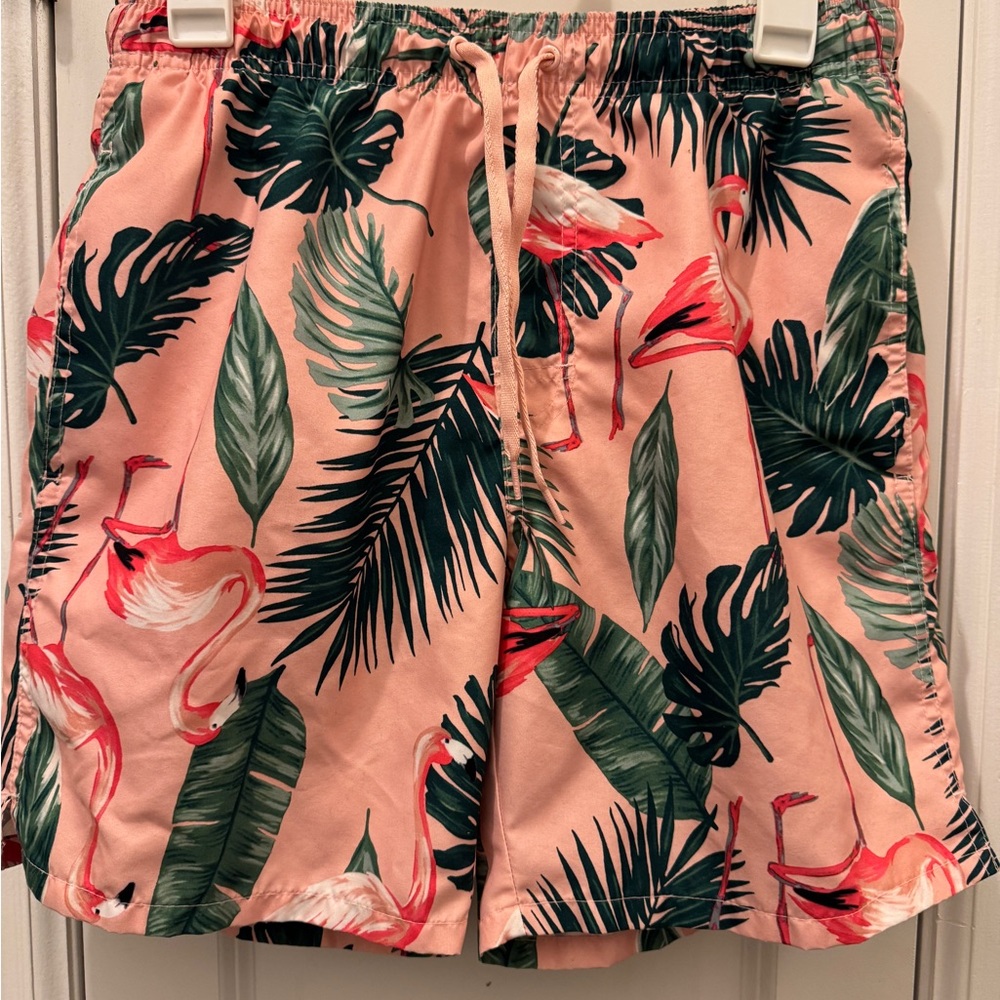 Old Navy Pink and Green Swin Trunks with Tropical Flamingo Print